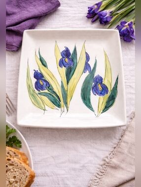 Signed Studio Pottery Iris Serving Platter 13.5” Square Hand Painted Floral Dish